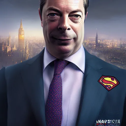 Image similar to Portrait of Nigel Farage as superman, heroic, amazing splashscreen artwork, splash art, head slightly tilted, natural light, elegant, intricate, fantasy, atmospheric lighting, cinematic, matte painting, detailed face, by Greg rutkowski