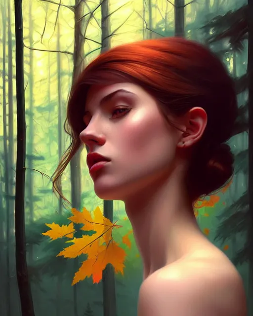 Image similar to stylized portrait of an artistic pose, composition, young lady sorrounded by fall nature, dense forest, moody cinematic colors one single head, realistic shaded, fine details, realistic shaded lighting poster by ilya kuvshinov, magali villeneuve, artgerm, jeremy lipkin and michael garmash and rob rey