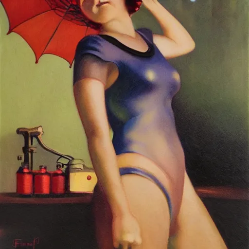 Image similar to oil painting of realistic woman, 1 9 3 0 s decopunk penthouse pleasure factory, rain and smoke, dramatic lighting, tech noir, wet skin, atmospheric, ambient, rupert everton, wlop, george tooker, gil elvgren, alexis flower, hopper, mucha, peter max, livia prima,