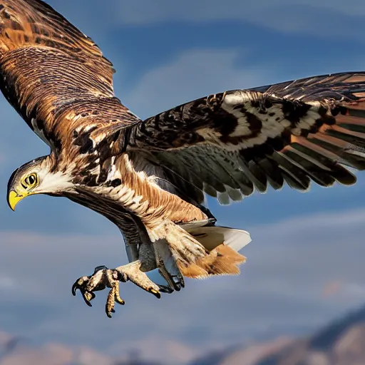 Image similar to A detailed and realistic illustration of a bird of prey in mid-flight, with a sharp focus on the bird's face and Talons, set against a blurred background of a mountain lake, wildlife photography, 500mm lens, 4k, by Nick Nichols and National Geographic