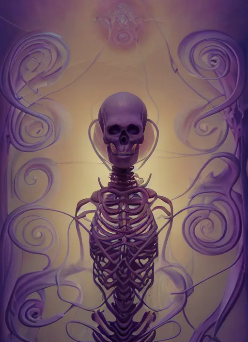 Image similar to wax skeleton, wooden art nouveau swirls, subsurface scattering, in the style of james jean and tomasz alen kopera, mystical colors, rim light, beautiful lighting, 8 k, stunning scene, raytracing, octane render, trending on artstation