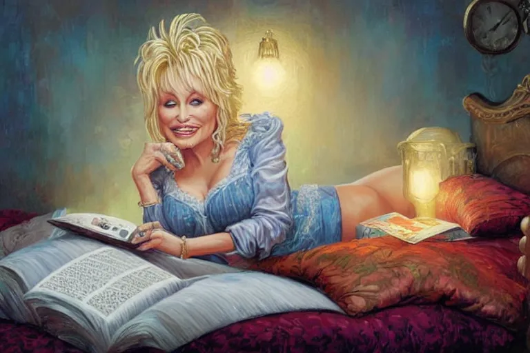 Image similar to portrait of dolly parton reading a bedtime story in bed, an oil painting by ross tran and thomas kincade