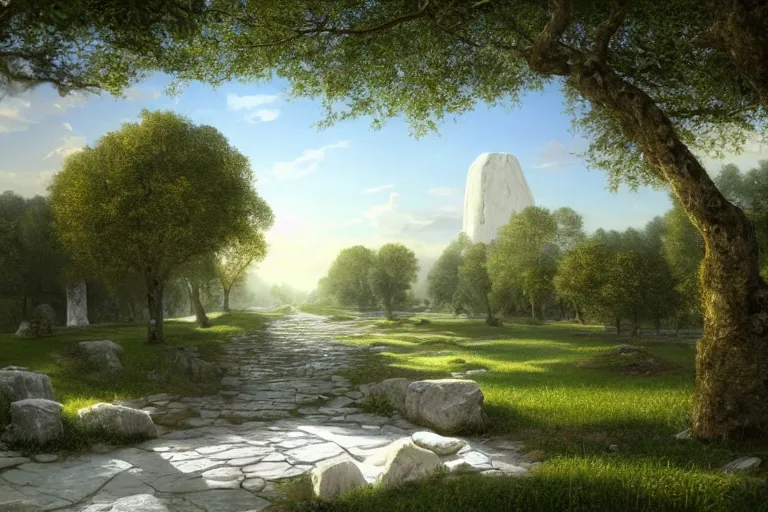 Prompt: White rectangular monoliths with holes, in an open field with a winding white stone pathwalk with a small brook running through, clear blue skies in the background, by Thomas Kincade, Richard Sigamani, 8k photorealistic, cinematic lighting, HD, high details, concept art, trending on artstation