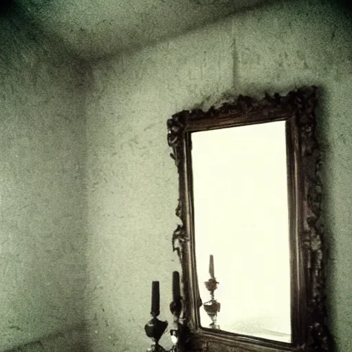 Image similar to insane nightmare, no light, everything is blurred, creepy shadows, vintage mirror, very poor quality of photography, 2 mpx quality, grainy picture