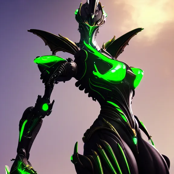 Image similar to extremely detailed giantess shot, close front shot, of a detailed stunning female warframe, that's a giant beautiful stunning anthropomorphic robot female dragon, 300 feet tall, standing majestically on a mountain, elegant pose, robot dragon claws, streamlined glowing green armor, detailed sharp metal claws, thick warframe robot legs, long elegant tail, detailed warframe fanart, destiny fanart, high quality digital art, giantess art, furry art, warframe art, Destiny art, furaffinity, DeviantArt, artstation, 8k HD, octane render