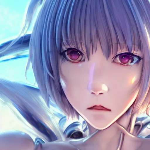 Prompt: Highly Detailed face of Rei Ayanami female anime character, technological big shiny silver liquid chrome rings, inside an otherworldly planet, closed eyes, silky thick gorgeous clean hair flowing on the wind, shot from the ground by Yoshiyuki Sadamoto, otherworldly experimental environment concept, digital art, trending on artstation, low level, 4K UHD image, octane render, Howl's Moving Castle, tranquil divine observer Nymph by ismail inceoglu nicola samori dragan bibin hans thoma greg rutkowski Alexandros Pyromallis Nekro, Jeffrey Smith, Surrealism, Rene Margitte illustrated, official anime key media, 8k, Sharp, zdzisław beksiński, highly detailed