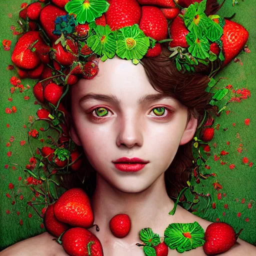 Image similar to the portrait of an absurdly beautiful, graceful, elegant, shy young woman made of strawberries and green petals, an ultrafine hyperdetailed illustration by kim jung gi, irakli nadar, intricate linework, bright colors, octopath traveler, final fantasy, angular, unreal engine 5 highly rendered, global illumination, radiant light, detailed and intricate environment