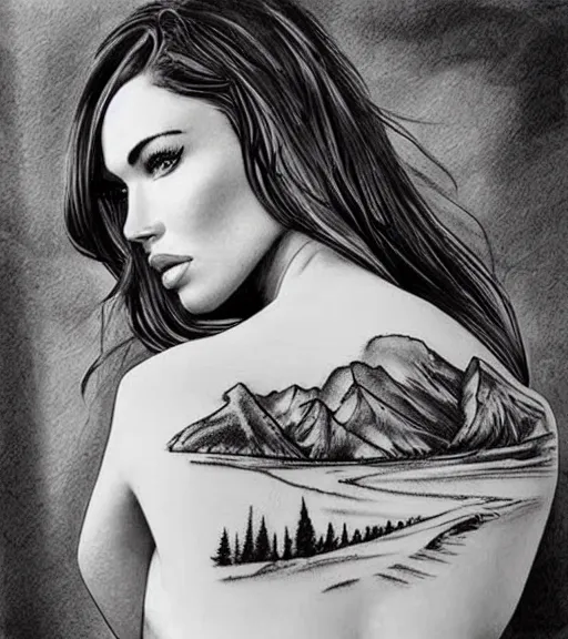 Image similar to double exposure effect tattoo design sketch of megan fox with beautiful mountain scenery, realism tattoo, in the style of matteo pasqualin, amazing detail, sharp