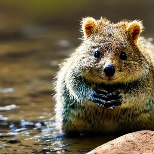 Prompt: quokka holding a mudskipper next to a river, painting