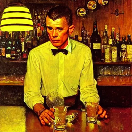 Image similar to a portrait of a man in the 1 9 6 0 s drinking alone in a bar late at night, strong dramatic orange and yellow lighting, by norman rockwell