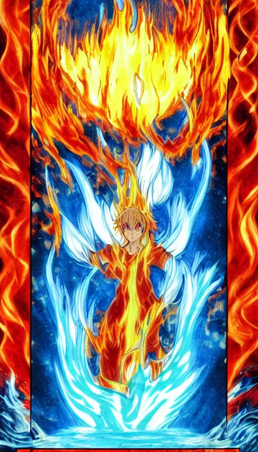 Prompt: a high quality anime still of fire and water mixing together, conveying a sense of balance inspired by the Temperance tarot card,