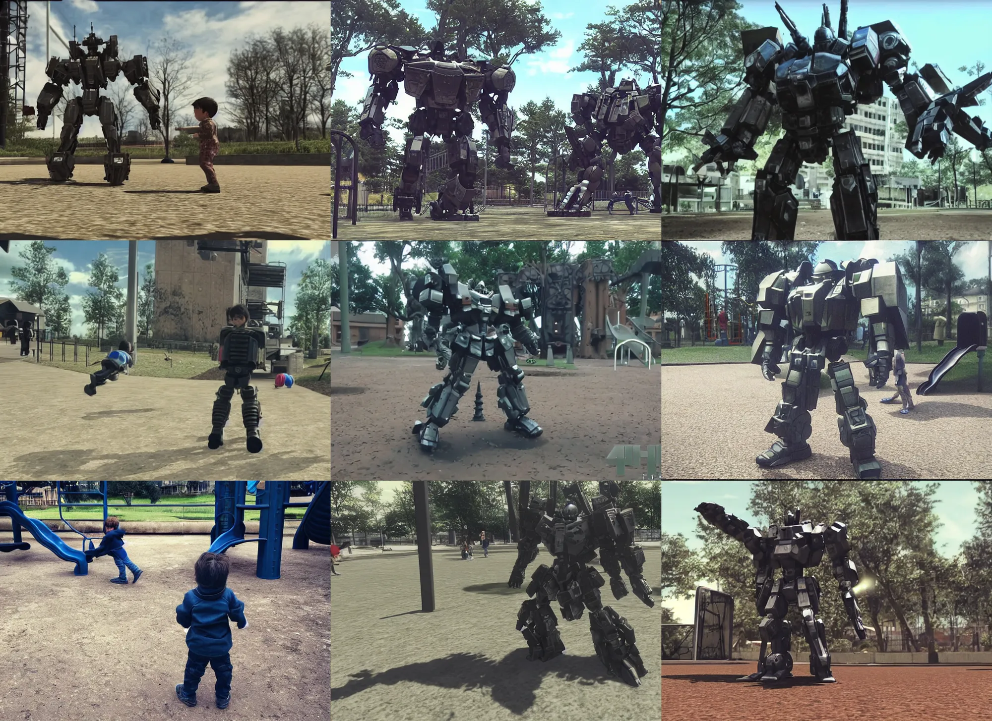 Prompt: home video footage, armored core child playing in the playground, instagram