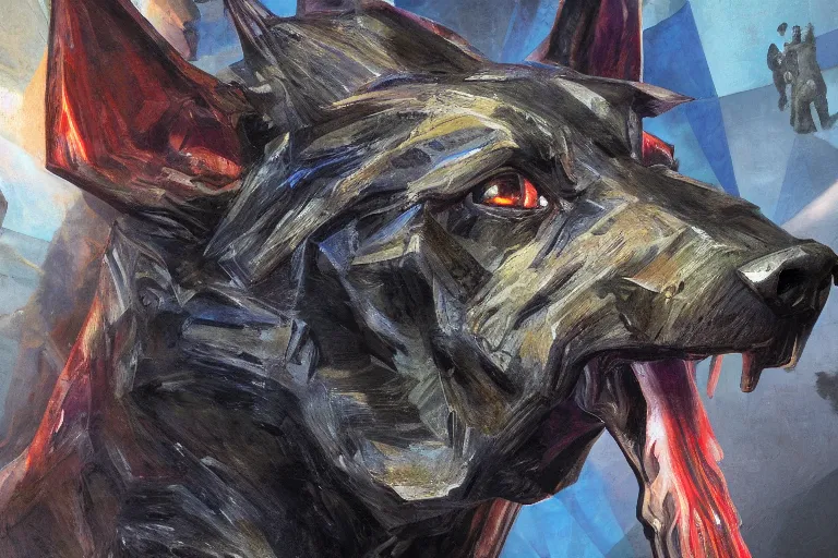 Prompt: polyhalite hellhound,art by Wayne Reynolds and Alicia Austin,trending on artstation, full lighting first-person view,closeup,Sabattier effect ,cubism ,expressionism ,dark academia ,