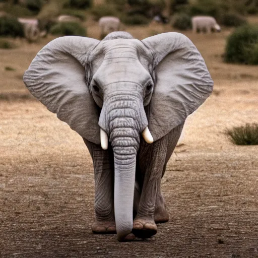 Prompt: an albino elephant, walking directly to the camera, national geographic photo