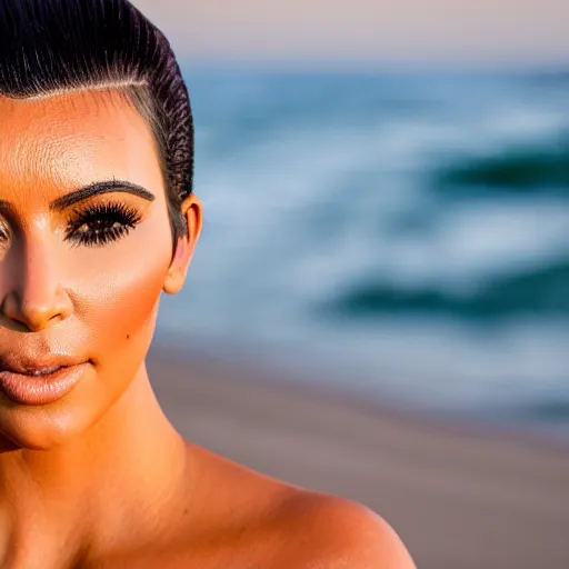 Prompt: a vibrant photograph of Kim Kardashian outdoors on beach at golden hour medium shot 4k