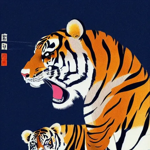 Image similar to a delorean protecting a tiger, japanese magazine collage, art by hsiao - ron cheng and utagawa kunisada