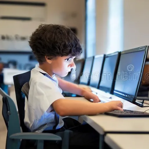 Image similar to school kid sitting at a computer desk, hacking, stock photo