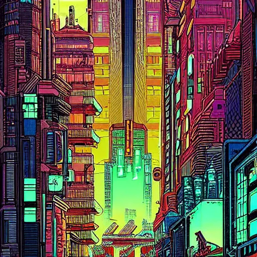 Image similar to neon cyberpunk city street in the style of Jean Giraud, Moebius