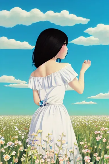 Image similar to little girl with her long black hair dressed in a simple white dress lying in a flowery field, anime art style, digital art by ilya kuvshinov, inspired by balthus, hd, 4 k, hyper detailed, rear view