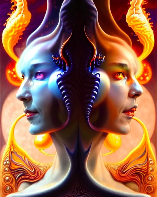 Image similar to a portrait of gemini water and fire fantasy character portrait made of fractals facing each other, ultra realistic, wide angle, intricate details, the fifth element artifacts, highly detailed by peter mohrbacher, hajime sorayama, wayne barlowe, boris vallejo, aaron horkey, gaston bussiere, craig mullins