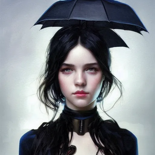 Image similar to portrait of teenage girl with glossy black hair, blue eyes, glowing porcelain skin, fashion model features, dark fantasy, academia, intricate, elegant, black dress, highly detailed, digital painting, artstation, concept art, smooth, sharp focus, illustration, art by Krenz Cushart and Artem Demura and alphonse mucha