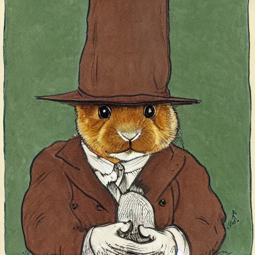 Image similar to a rabbit wearing a deerstalker hat and a brown coat, in the style of carl larsson