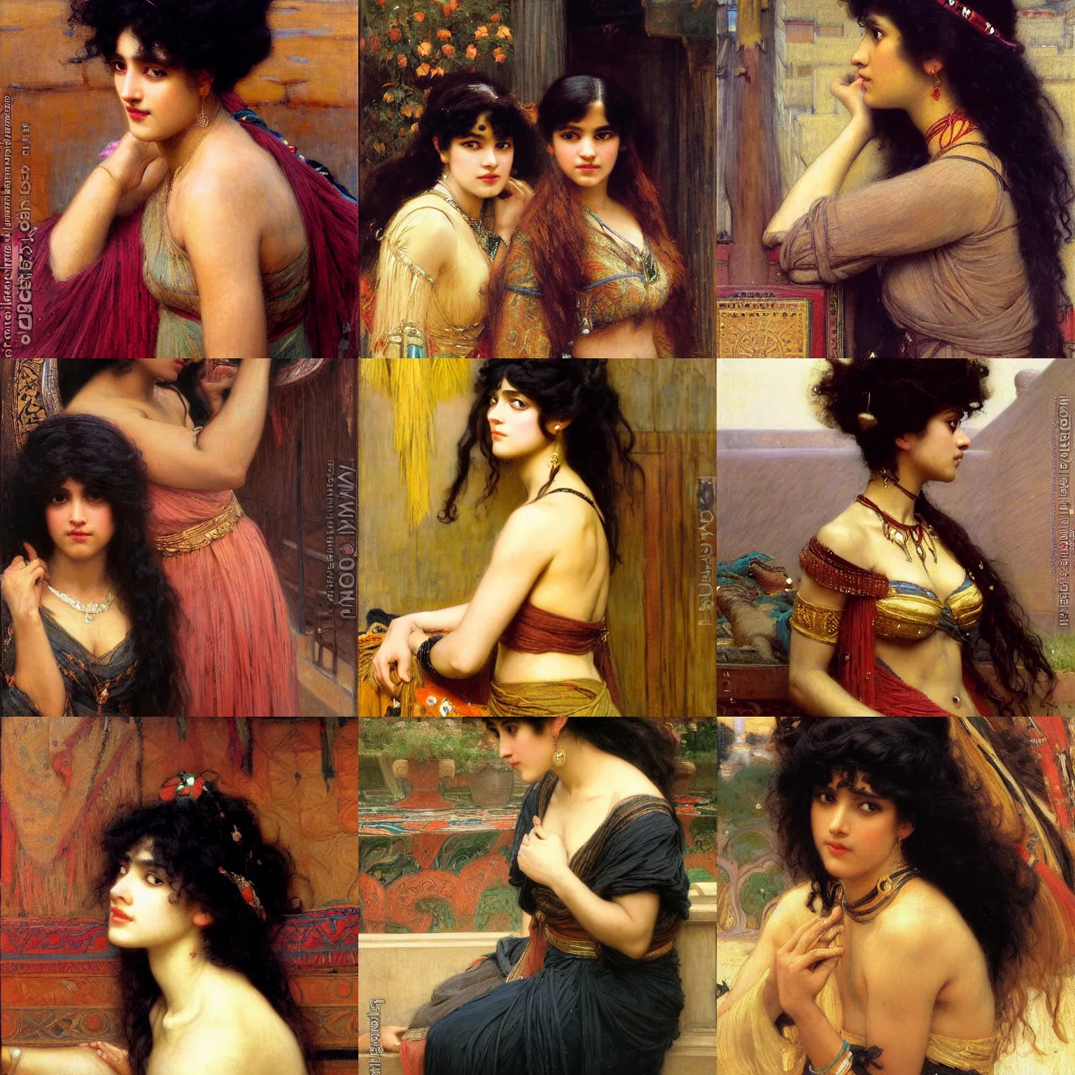 Prompt: orientalism painting of bangs, curly black hair woman with brown skin portrait by john william waterhouse and Edwin Longsden Long and Theodore Ralli and gaston bussiere. Cinematic, hyper realism, dramatic lighting, high detail 8k