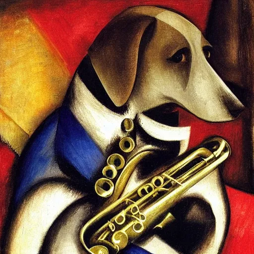 Prompt: dog playing the saxophone, sitting on the couch, medieval portrait, by franz marc, close up