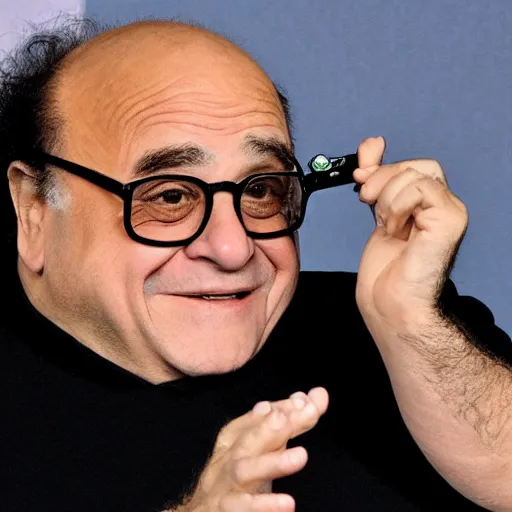 Prompt: <photograph quality=very-high funny=very-funny>Danny DeVito reacts to receiving cryptocurrency</photograph>