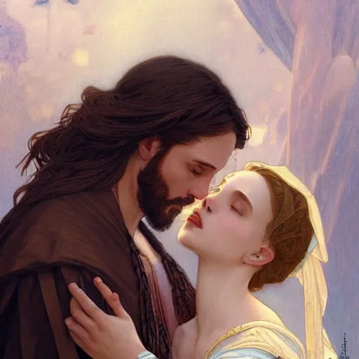 Image similar to jesus kissing a maria maddalena, intricate, elegant, highly detailed, digital painting, artstation, concept art, matte, sharp focus, illustration, art by artgerm and greg rutkowski and alphonse mucha