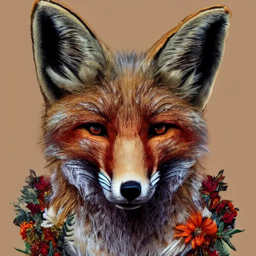 Prompt: portrait of a fox wearing a tiara wreath flowers, fantasy art, d & d, trending on artstation, beautiful art, highly detailed