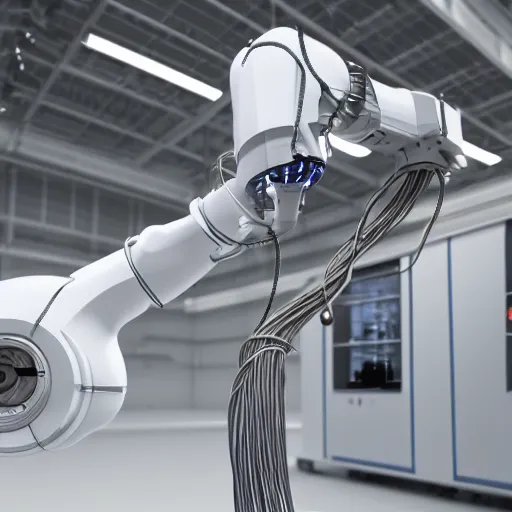 Image similar to abb industrial robot arm in a white clean room with global illumination intricate details wires