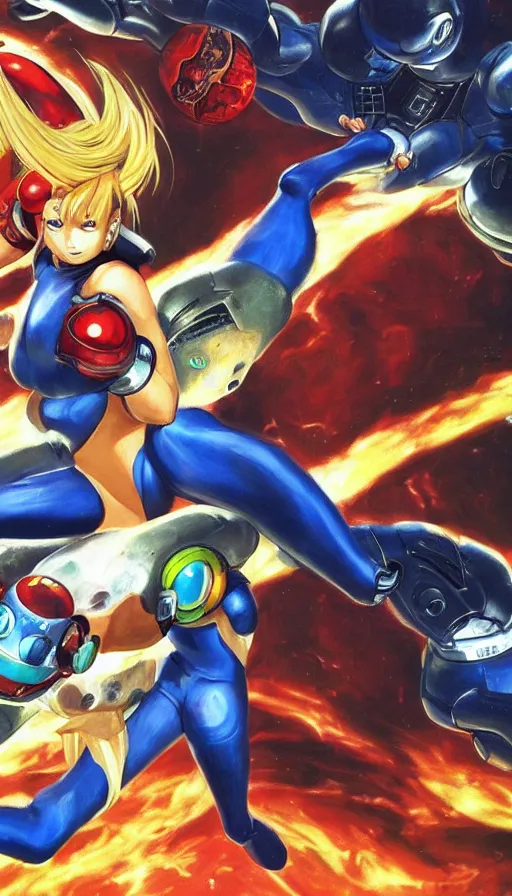 Prompt: portrait! of zero suit samus devouring!! her metroid son!! by francisco!! goya!!, wall mural, 4 k, high quality