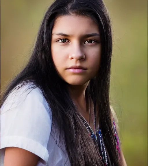 Image similar to professional, incredibly detailed headshot of a native american cherokee teenage girl with dark hair, beautiful eyes, a rebellious look, choppy hair, symmetrical features, realistic 8 k professional photography, midday lighting, defiant, octane, volumetric lighting, 7 0 mm, beautiful