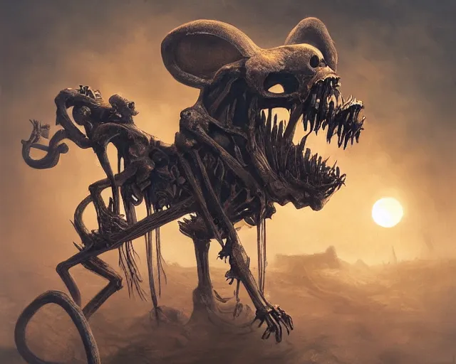 Prompt: an epic action concept masterpiece of demented skeletal cat and mouse, inspired by sd ai and zdzislaw beksinski, digital art, horrific cinematic lighting, 4 k