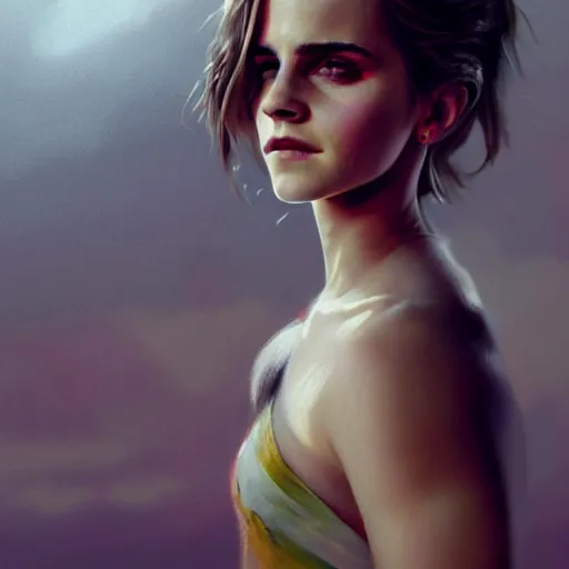 Prompt: highly detailed painting of emma watson wearing a underboob dress, gta 5 cover art, stephen bliss, 8 k, by greg rutkowski, artgerm, loish, rhads, global illumination, radiant light, detailed and intricate environment