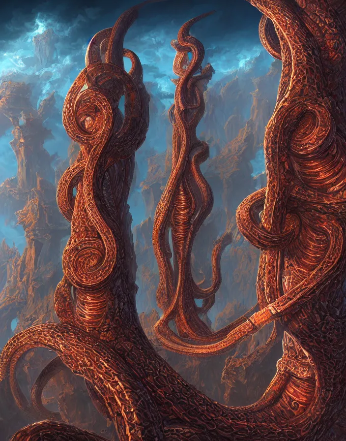 Image similar to serpent towers, LT-SEM by Tyler Edlin, fractals, copper veins, high details, recursion