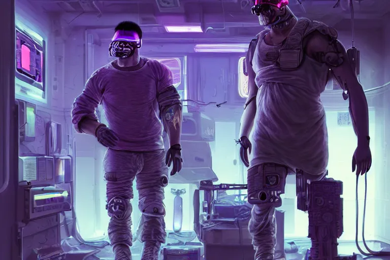 Image similar to Ultra realistic illustration, a hefty damaged cyberpunk male soldier cyborg with purple hair being patched up in a run down underground military medical bay with medical equipment hanging from ceiling, holographic display panels in background, rugged face, muscle body with battle scars, cyberpunk, soft purple neon lighting, sci-fi, fantasy, intricate, elegant, highly detailed, digital painting, artstation, concept art, smooth, sharp focus, illustration, dramatic lighting, art by Giger