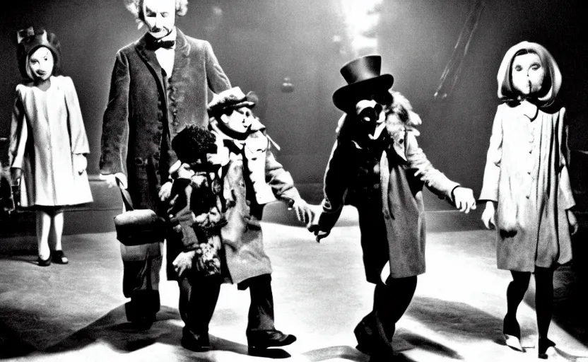 Image similar to Willy Wonka and the Chocolate Factory, still from an old surrealist black and white movie directed by Jan Svankmajer, Béla Tarr, Ingrid Bergman and Robert Wiene. Dark background, dramatic lighting, detailed, cinematic