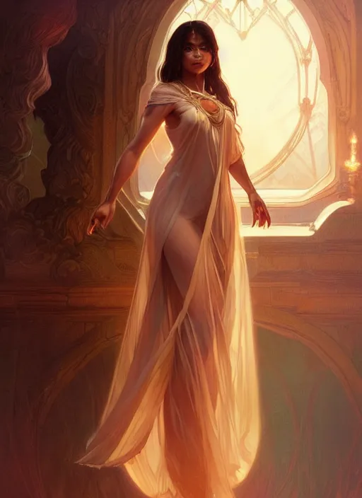 Image similar to cute brown woman wearing a transparent night gown, fantasy, intricate, highly detailed, digital painting, artstation, concept art, wallpaper, smooth, sharp focus, illustration, art by artgerm and greg rutkowski and alphonse mucha