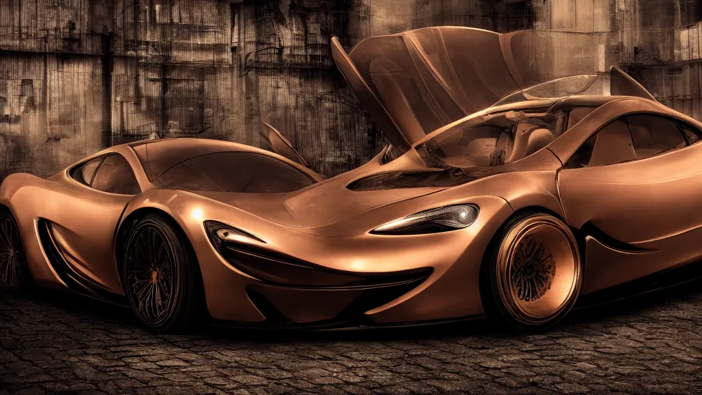 Image similar to soft bokeh front shot photo of a mclaren steampunk concept car, cinematic, fine details, symmetrical, 4 k, digital art, wallpaper