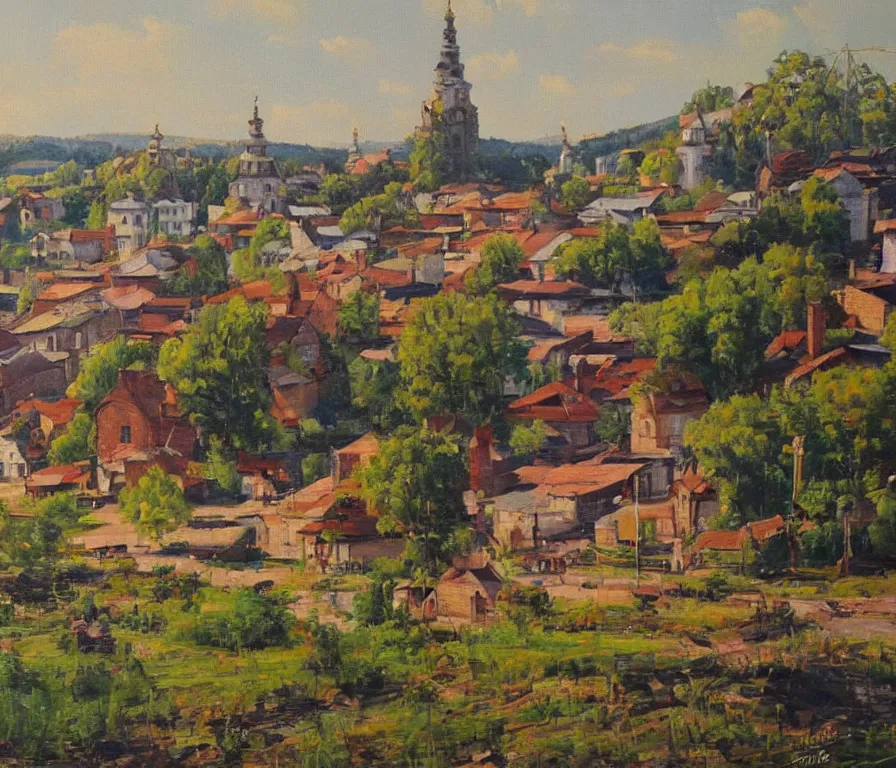 Image similar to beautiful view of a peaceful ukrainian town. art by isaac leitan and ivan shiskin, oil on canvas