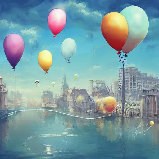 Image similar to plenty of floating birthday balloons. beautiful city. digital art, highly - detailed, artstation cgsociety masterpiece