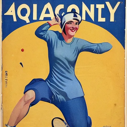 Image similar to a 1 9 2 8 cover of a quality magazine. happy, healthy, beautiful, smiling, young, sporty, glowing woman in decent athletic wear playing tennis. hyper - realistic detailed color drawing