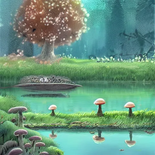 Prompt: a beautiful lake with cute little mushrooms growing around it, fantasy art, 2 d, by studio ghibli