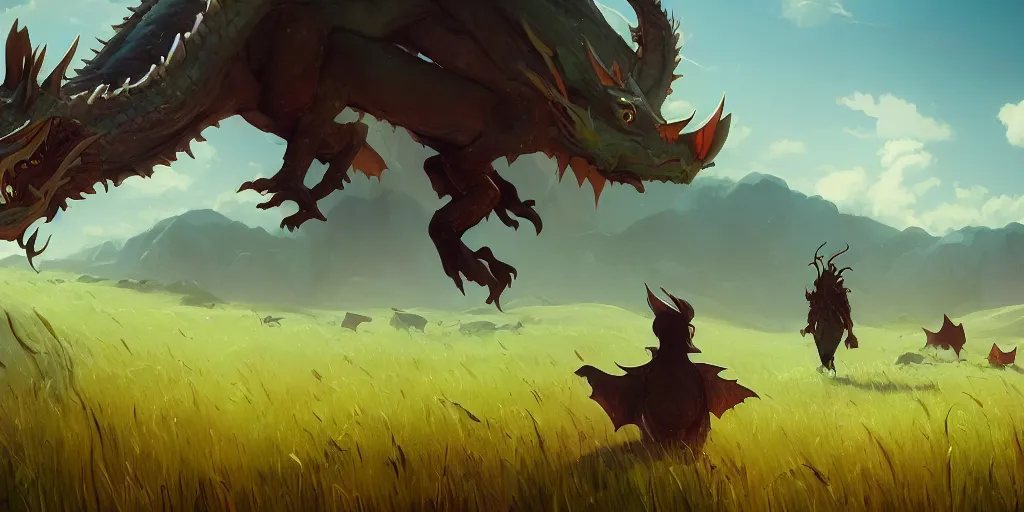 Prompt: A dragon stands in the middle of a meadow, mattepainting concept Blizzard pixar maya engine on stylized background splash comics global illumination lighting artstation lois van baarle, ilya kuvshinov, rossdraws