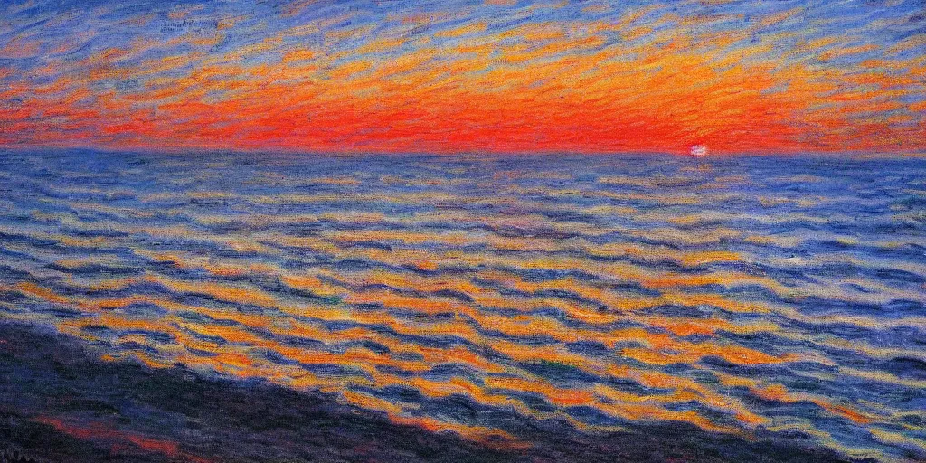 Prompt: a beautiful mexican coast in a sunset, dramatic lighting, painted by claude monet