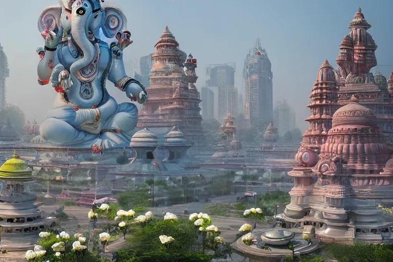 Prompt: beautiful futuristic new delhi, sharp sci - fi ganesha!! building, kalighat flowers, highly detailed cinematic, stephen shore & john j. park, soft morning light, wide shot, high angle, uhd 8 k, editorial photography