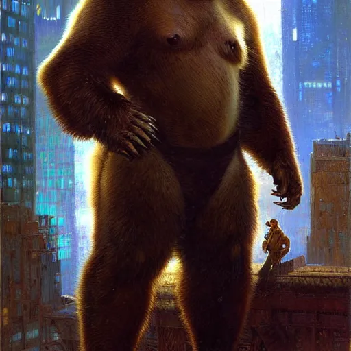 Image similar to portrait of a bear bearman as a police detective. shadowrun furaffiniy cyberpunk fantasy highly detailed painting by gaston bussiere craig mullins jc leyendecker gustav klimt artgerm greg rutkowski john berkey, bergey, craig mullins, ruan jia, raymond swanland, jeremy mann, tom lovell, alex malveda