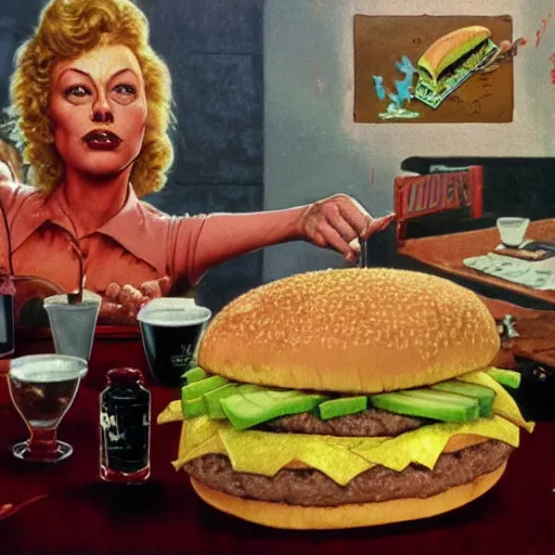 Prompt: tim curry eating a massive big mac hamburger, extra pickles and onions, ultra detailed, style of norman rockwell, style of richard corben, 4 k, rule of thirds.